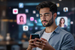 A young man scrolling through AI relationship apps.